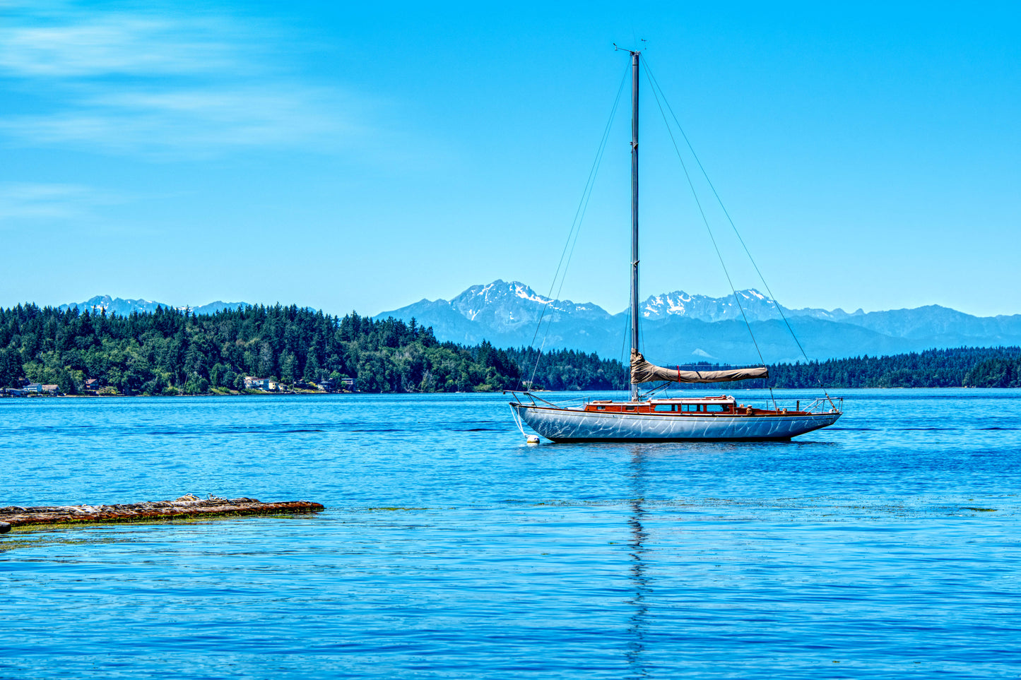 Olympic Stillness – Sailboat and Mountains