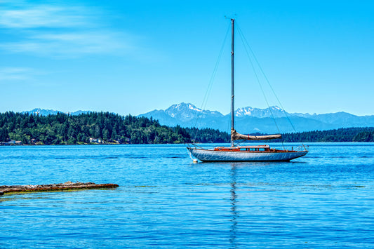 Olympic Stillness – Sailboat and Mountains